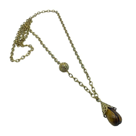 Vintage Pendant Necklace Simulated Tigers Eye Rhinestone Accent 34 Inch Length G - Picture 2 of 2